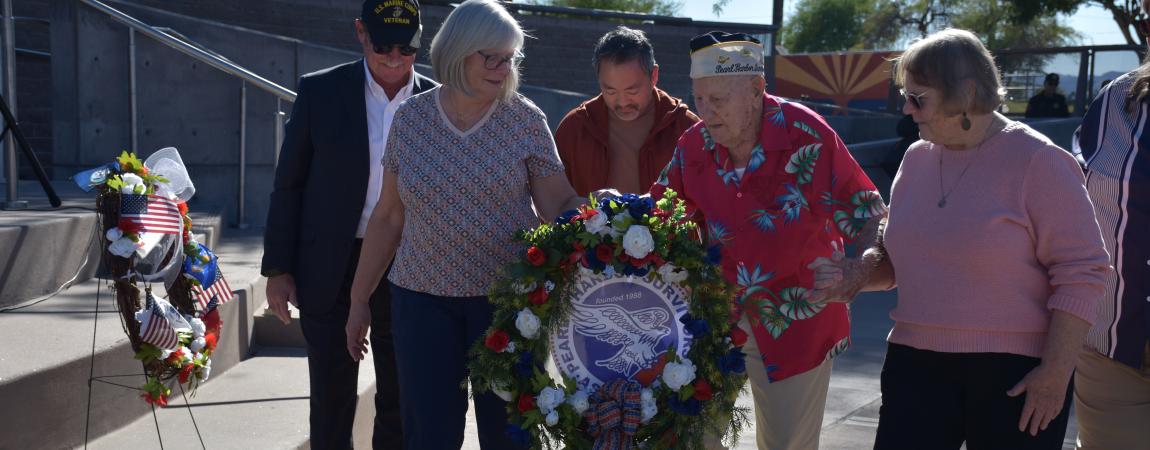 Pearl Harbor survivor Ed Miklavcic Sr. places the Pearl Harbor Survivors wreath at Wesley Bolin Plaza during the Commemorating Pearl Harbor Day Ceremony hosted by Honoring America's Veterans on December 9th
